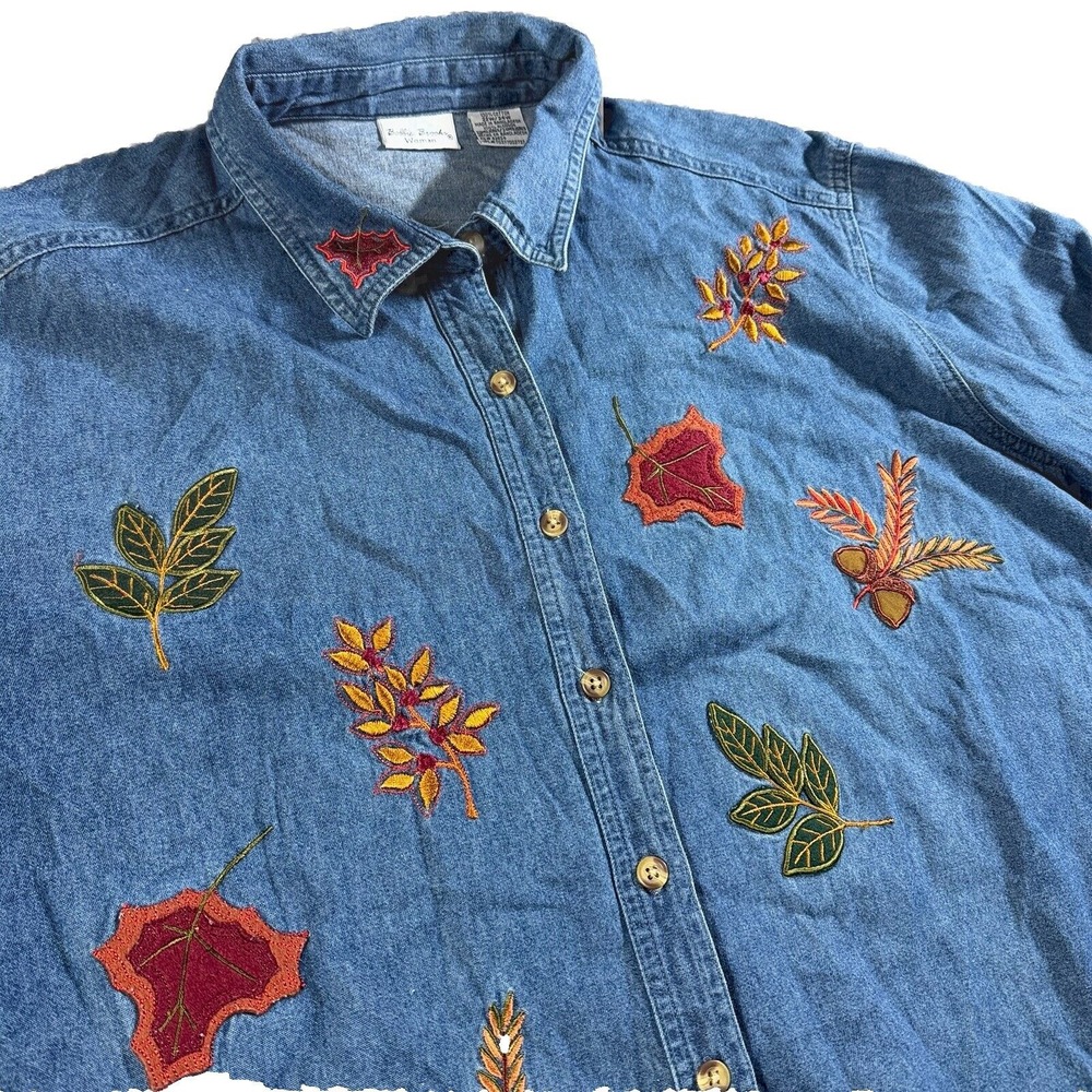 Bobbie Brooks Chambray Shirt Womens 22W / 24W Blue Button-Up Embroidered Fall 90